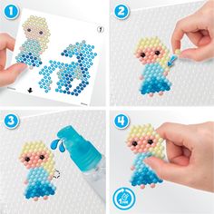 the instructions for how to make an adorable beaded doll with blue and white beads