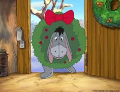 a cartoon character is standing in front of a door with a wreath on it's head