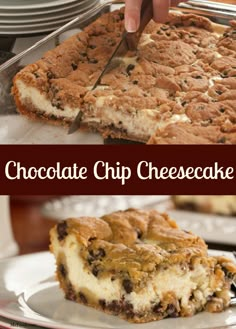 the chocolate chip cheesecake is cut into slices