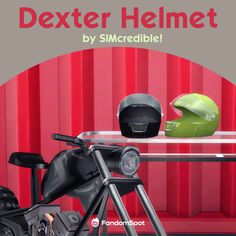 a motorcycle helmet sitting on top of a glass table next to a red wall with the words dexter helmet written below it