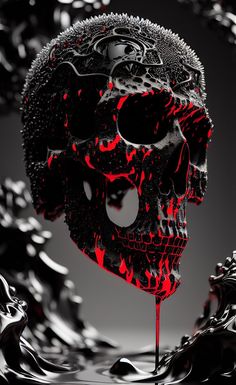 a black and red skull with blood dripping from it's mouth is shown in this artistic photo