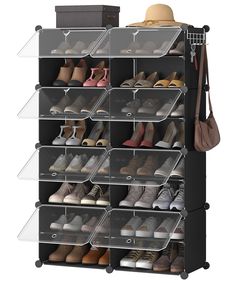 the shoe rack is filled with many pairs of shoes