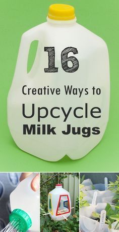 a collage of photos showing different ways to use upcycle milk jugs