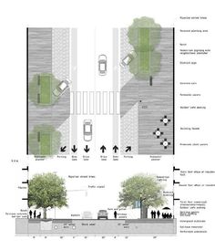 the diagram shows how to use an intersection for pedestrians and vehicles in this area, as well as trees on either side of the road