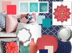 a collage of different colors and patterns with decorative items in the middle one is blue, red, pink, and white