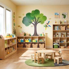 a child's playroom with toys and bookshelves