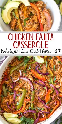 chicken fajita casserole with red peppers, onions and avocado