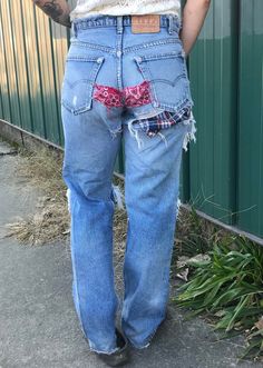 90's destroyed Levi's 505's are one of a kind. Patched with flannel and red bandana. Patches are loose, might show a little booty. Red tag, zip front, size 32 waist/ 33 inseam. Ripped, torn, as is. Hate to let them go. Price is firm. Distressed Fitted Jeans For Festivals, Fitted Distressed Jeans For Festival, Festival Fitted Distressed Jeans, Let Them Go, 90s Jeans, Vintage Levis Jeans, Red Bandana, Richmond Va, Levi's Jeans