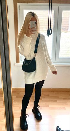 Errands Outfit, White Sweater Dress, Sweater Dress Outfit, Cold Outfits, Tights Outfit, Mode Inspo