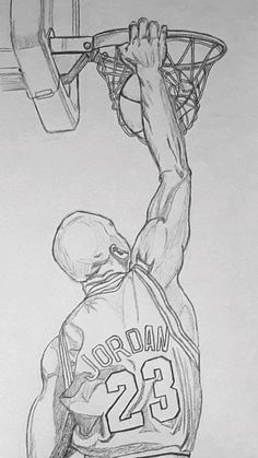 a drawing of a basketball player dunking the ball into the hoop with his hands