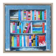 a painting of books on a blue shelf