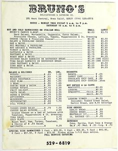 the menu for bruto's restaurant and catering co, which opened in 1932