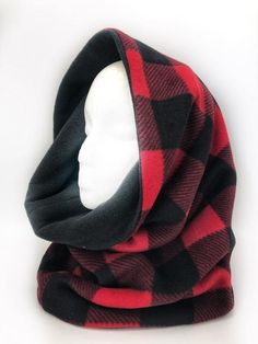 Hooded scarf super warm plush reversible fleece scarf can be worn as hood or cowl 3 to choose from Red Lumberjack Gray or Blue Tartan by ClaremUS Reversible Plush, Fleece Projects, Hood Scarf, Lumber Jack, Winter Sewing, Fleece Neck Warmer, Infinity Cowl, Chunky Infinity Scarves, Scarf Chunky