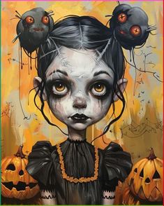 a painting of a girl with pumpkins on her head and two black cats in the background