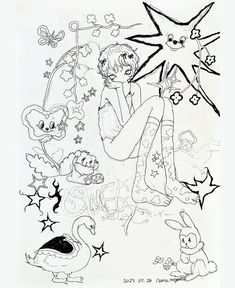 a drawing of a girl surrounded by animals and stars