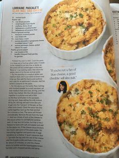 the recipe book is open to show three different types of casserole in white dishes