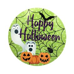 a happy halloween badge with two ghost and pumpkins on green polka doted background