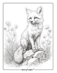 a drawing of a fox sitting on top of a rock