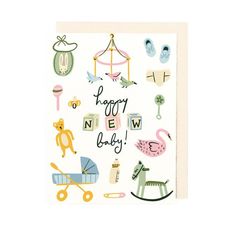 a card with baby items on it and the words happy new baby written in black