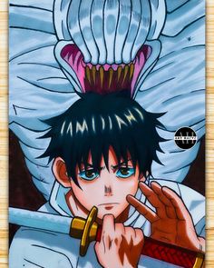 an anime character with black hair and blue eyes is holding his hand up to the camera