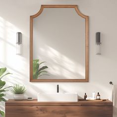 a bathroom with a mirror, sink and plants on the counter top in front of it