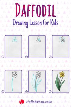 Step by step images demonstrating a How to Draw a Daffodil - A Drawing Lesson for Kids! How To Draw A Daffodil, Daffodils Drawing, Daffodil Drawing, Daffodil Craft, Spring Drawing