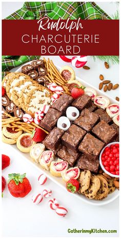 a platter filled with brownies and candy canes on top of a white table