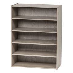 the bookcase is made from wood and has four shelves, one with no doors