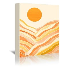 an orange and yellow abstract painting with the sun in the sky above it on a white background