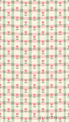 a green and pink checkered pattern with flowers