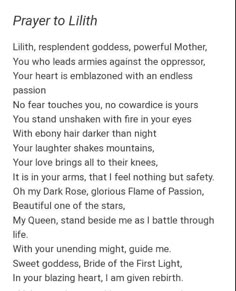 a poem written in white with the words prayer to lilh and an image of a woman