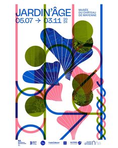 the poster for jardinage is shown in blue, pink and green colors with abstract shapes