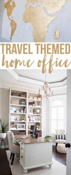 a home office with gold foil paint on the wall and white furniture in front of it