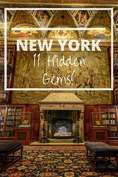 the new york hidden gems sign is in front of a fireplace and bookshelves