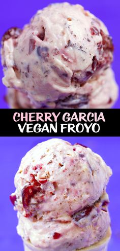 three different types of ice creams with the words cherry garccia vegan froyo