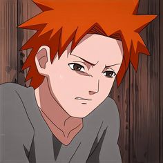 an anime character with red hair and brown eyes looking at the camera while standing in front of a wooden wall