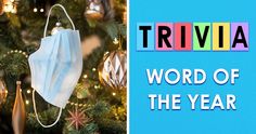 the word trivia is written in front of a christmas tree with ornaments hanging from it