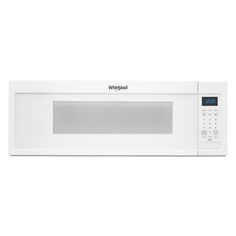 a white microwave oven with the word whirlpool on it's door