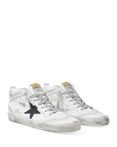 Golden Goose Deluxe Brand Women's Mid Star Mid Top Sneakers High-top Star-embellished Sneakers For Streetwear, Mid Star Golden Goose, Golden Goose Mid Star Outfit, Golden Goose Outfit, Tennis Shoes Outfit, Preppy Shoes, Shoes Ideas, Night Dresses, Goose Shoes