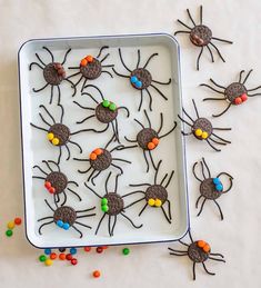 chocolate spider cookies on a white tray with sprinkles and candies around them