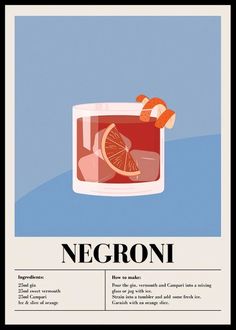 Negroni Cocktail Affiche | Art Graphique | Gallerix.fr Negroni Tattoo, John Bauer, Text Poster, Cocktail Poster, Cocktail Drink, Life Poster