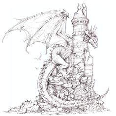 a drawing of a dragon sitting on top of a tower