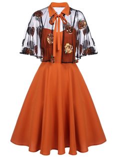 Orange 1950s Cape Pumpkin Swing Dress – Retro Stage - Chic Vintage Dresses and Accessories Standard Dress, The Hollow, Halloween Dress, Looks Style, Petticoat, Swing Dress, T Shirt Dress, Womens Swimwear, Womens Clothing Tops