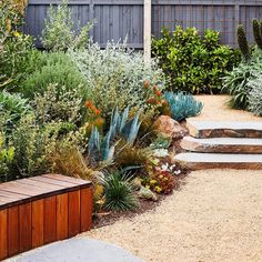 a wooden bench sitting in the middle of a garden next to a tall tree and shrubbery