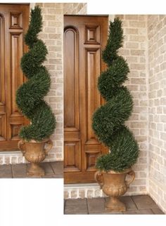 two vases with plants in them sitting on the ground next to a door and brick wall