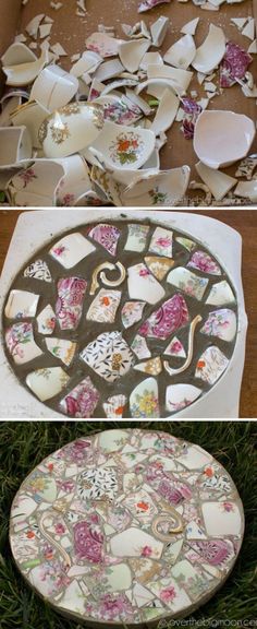 broken plates sitting on top of a wooden floor next to another plate covered in flowers