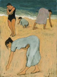 a painting of people on the beach playing in the sand and one is bending over