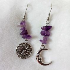 Gothic Sun Crescent Moon Purple Silver Tone Earrings Silver Spiritual Moon Phase Earrings, Silver Moon Earrings For Festivals, Silver Moon Phase Earrings, Bohemian Silver Crystal Earrings With Moon Charm, Silver Bohemian Crystal Earrings With Moon Charm, Purple Earrings Aesthetic, Pjo Fanart, Witchy Earrings, Witch Stuff