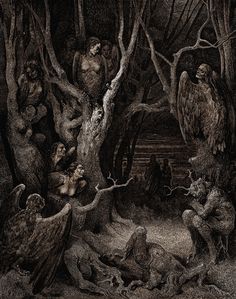 an old illustration of many different animals in the woods with trees and people around them