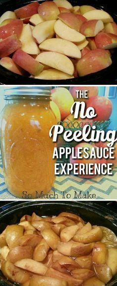 apples are being cooked in an oven with the words, the no peeling apple sauce experience